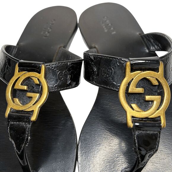 Gucci Microguccissima Patent Leather Interlocking GG Thong Sandals EU 36.5 Black - Picture 5 of 11